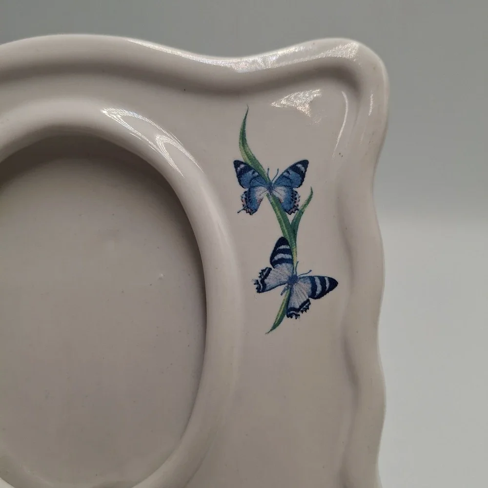 FTD Ceramic Butterfly Picture Frame Planter White Blue Floral Oval Opening Vtg